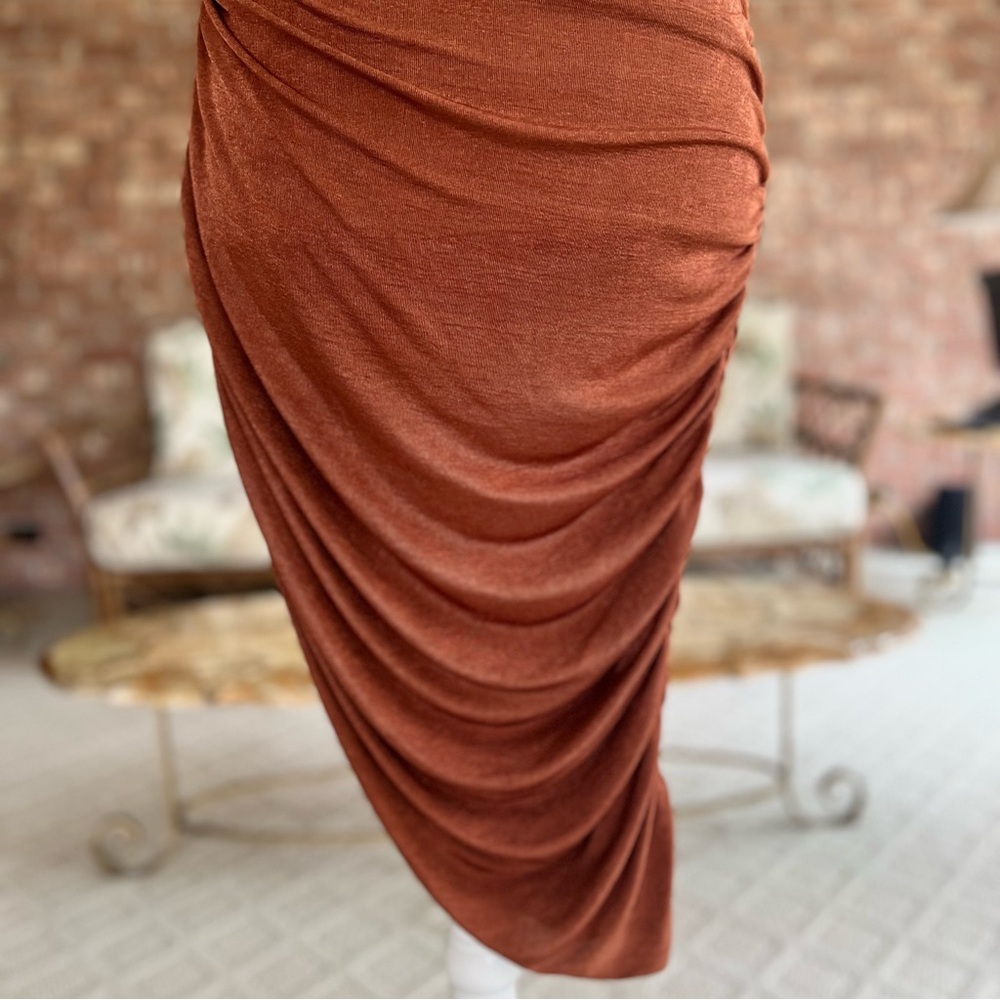 Mable Bodycon Dress Ruched One Shoulder S Asymmetrical Rust Glam Cocktail Party - Picture 7 of 15